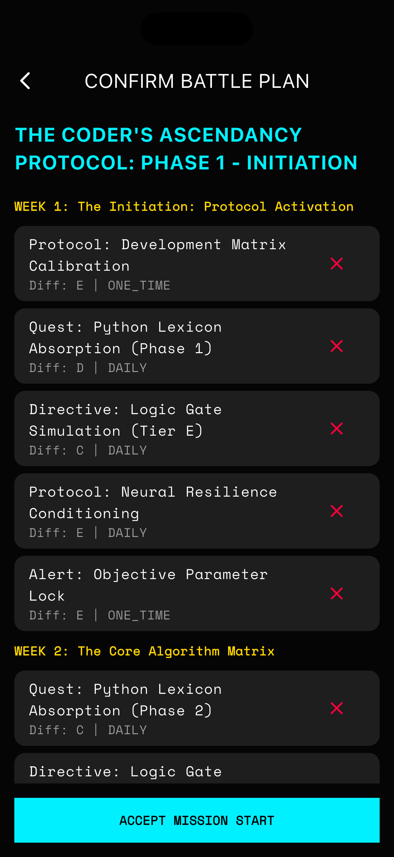 Awaken AI generated battle plan with weekly milestones and daily quests