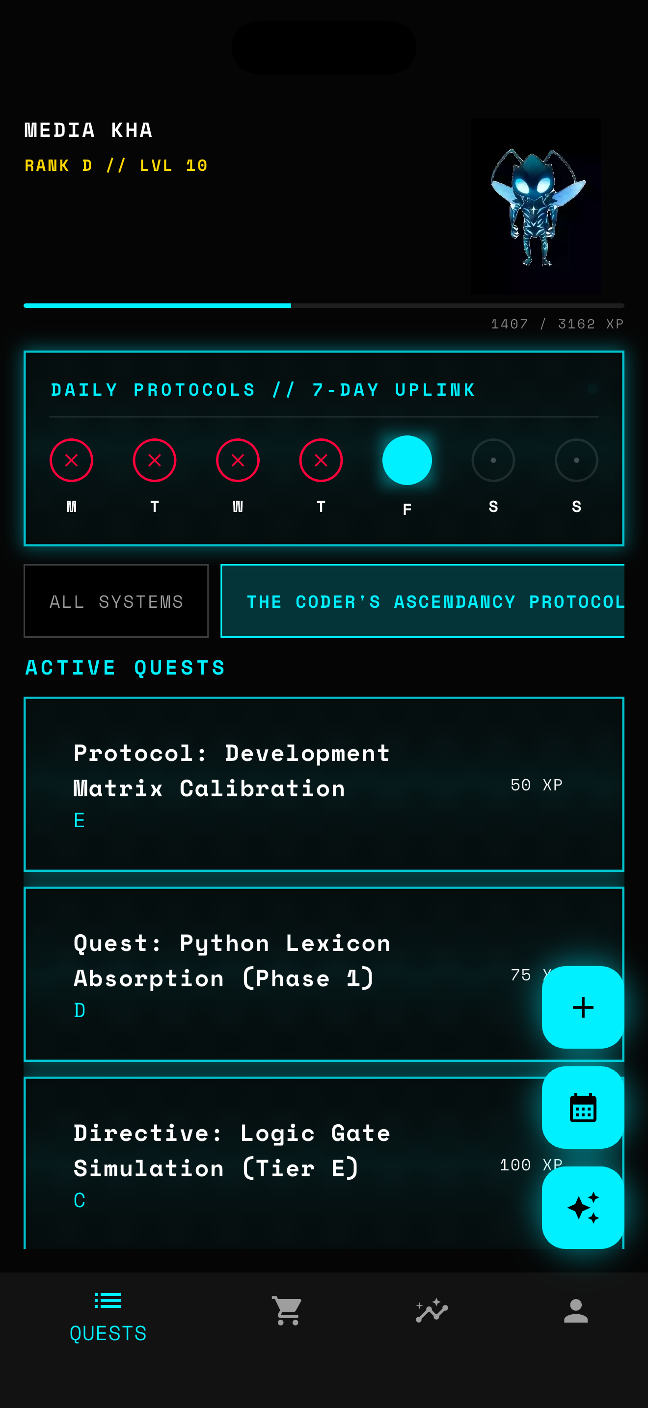 Awaken AI daily quest hub with XP, streak progress, and active quests