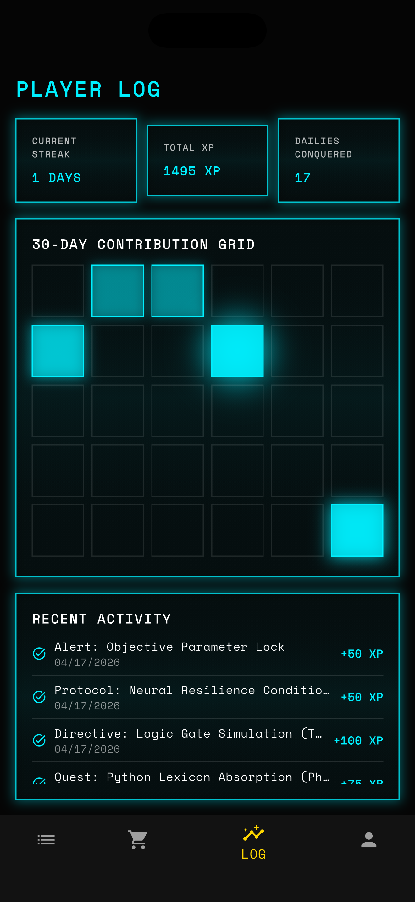 Awaken AI player log with XP, streaks, and a 30-day contribution grid