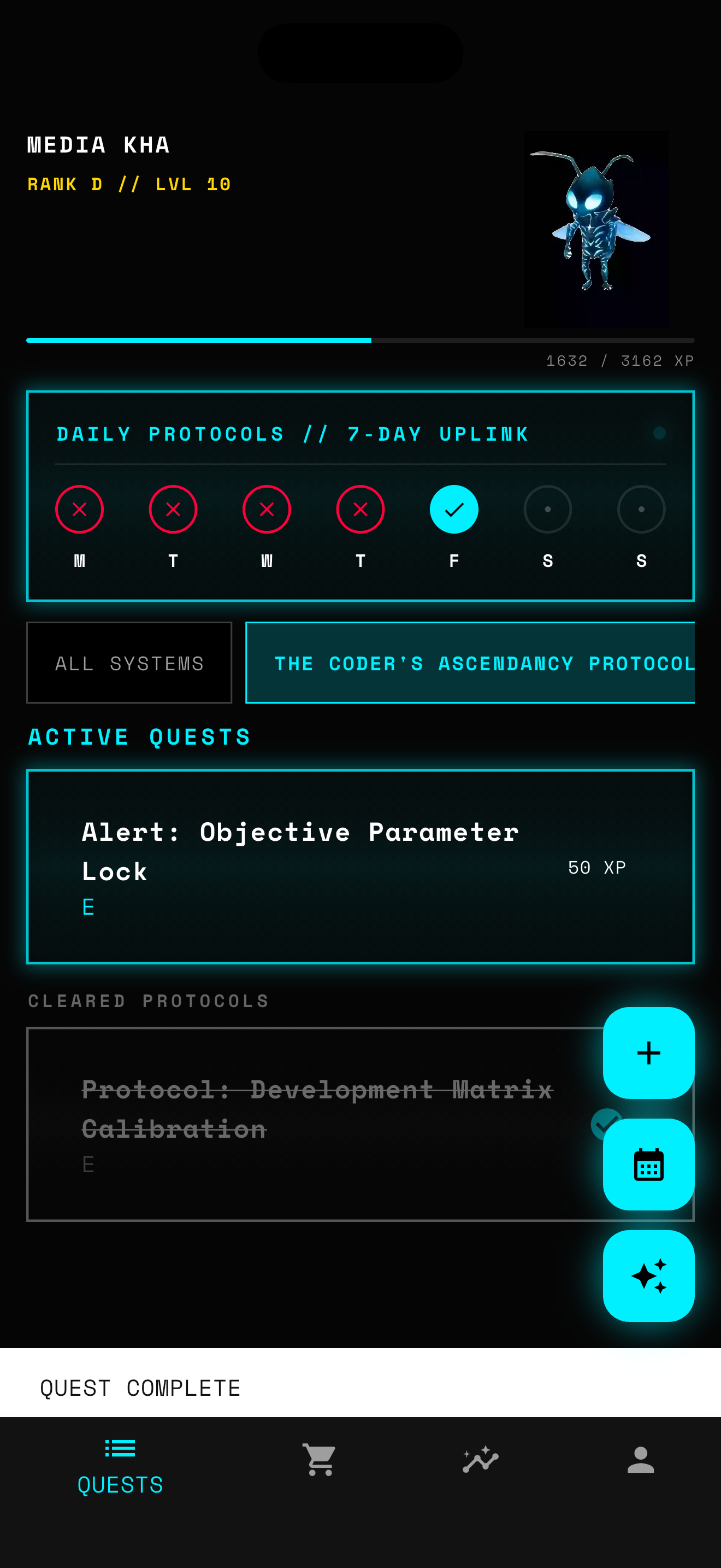 Awaken AI quest completion screen showing earned XP and progress